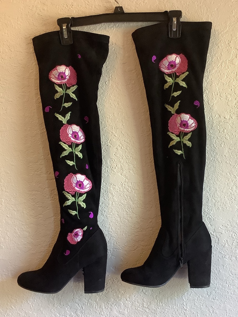 Carlos by Carlos Santana Black Over-the-Knee Boots with Pink Floral Embroidery